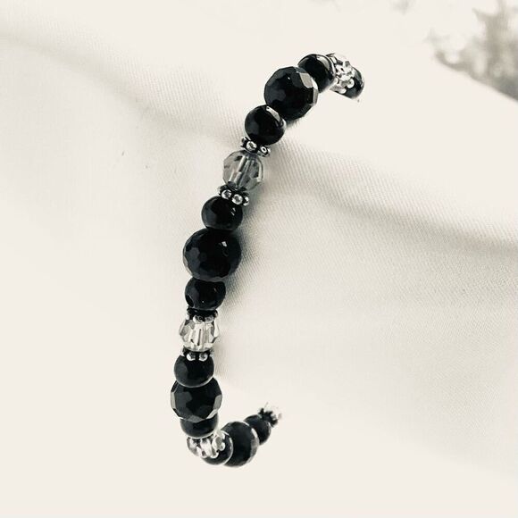 OM# Lovely Sterling 925 Silver with ONYX , Amber& Crystals 7” Bracelet - Picture 3 of 10